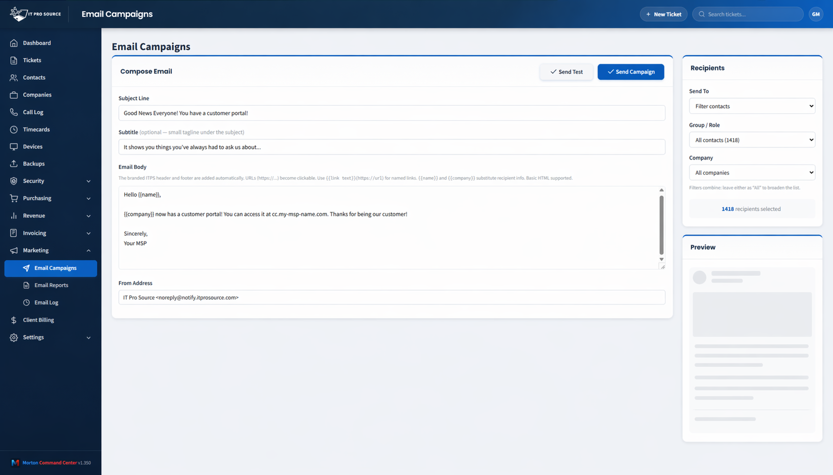 Email Campaigns composer with recipient targeting, subject line, body editor, and live preview