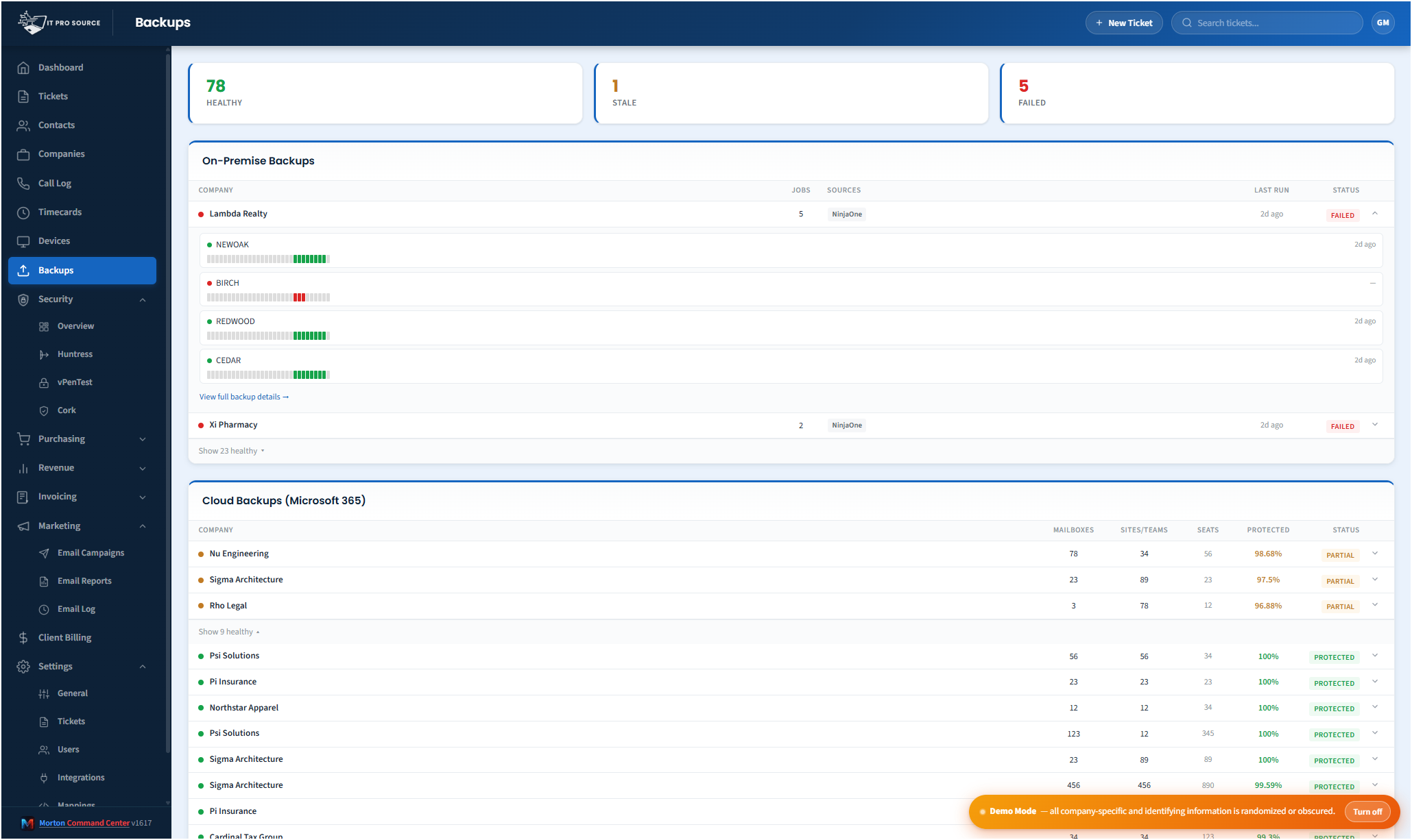 Backup health across every vendor with healthy clients collapsed