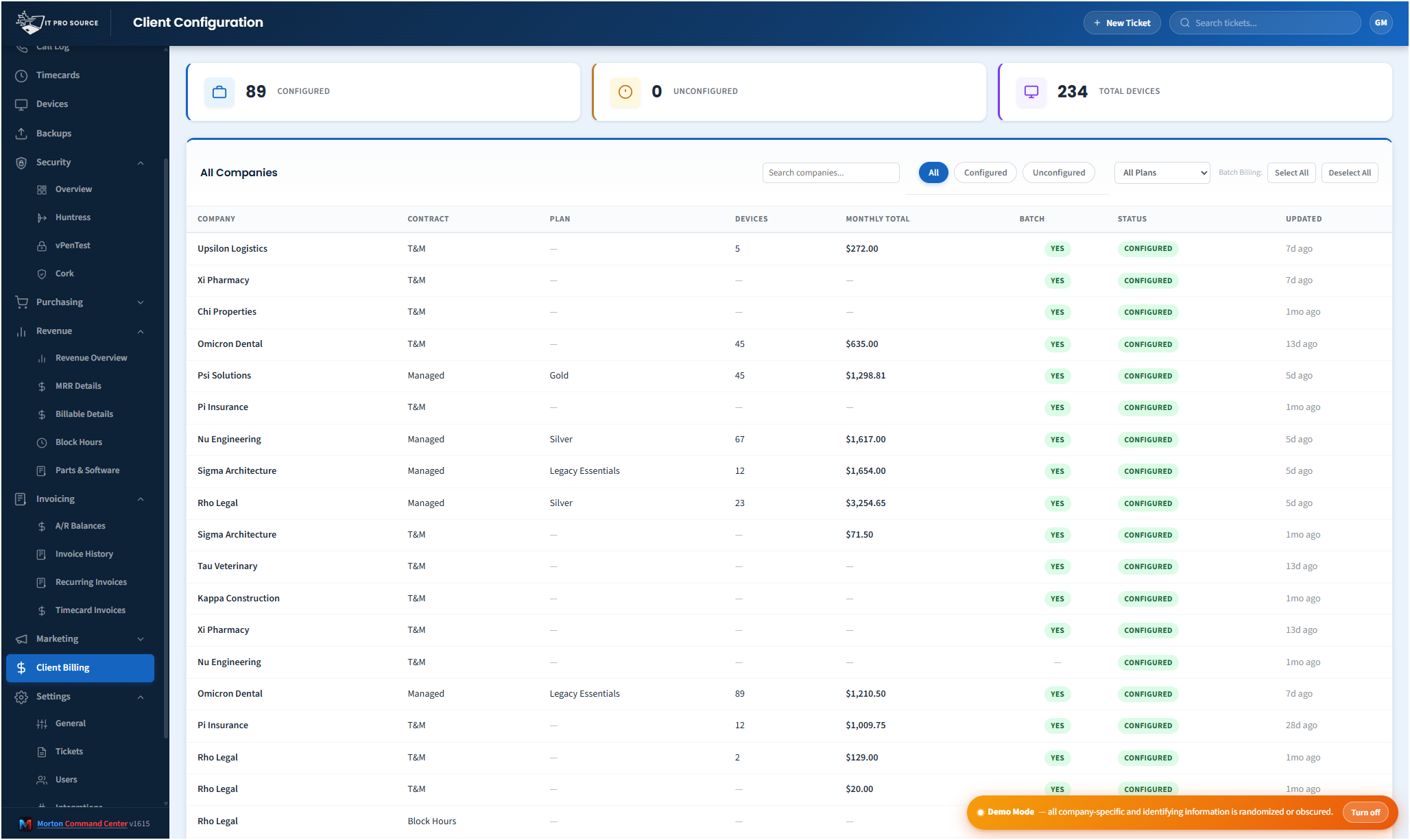 Per-client billing configuration including license sources