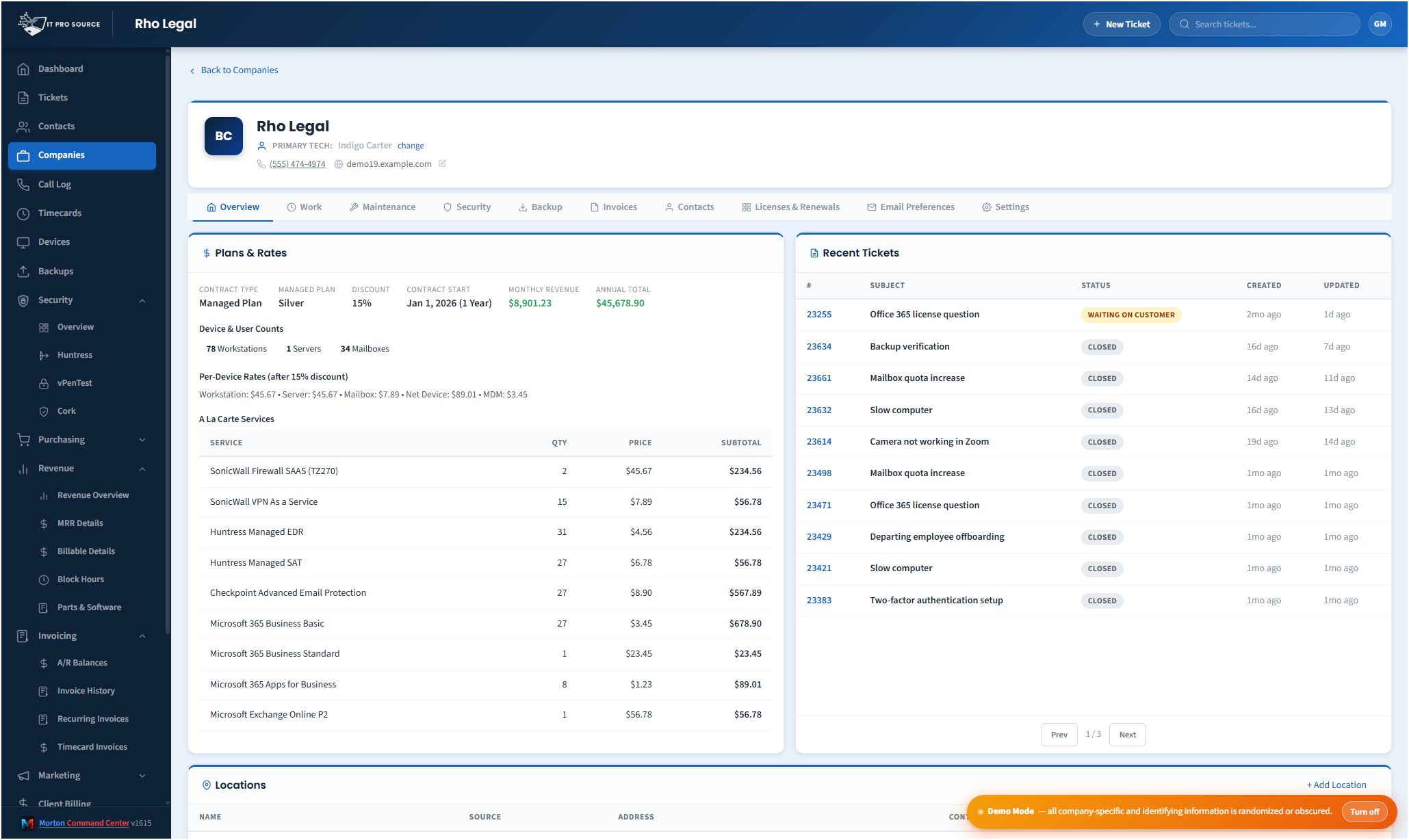 Per-client unified view across PSA, RMM, billing, security, backups