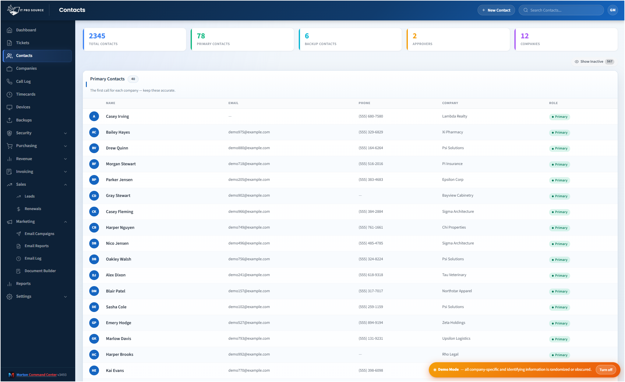 Morton Command Center contacts view showing client contacts with primary, backup, and purchase-approver roles