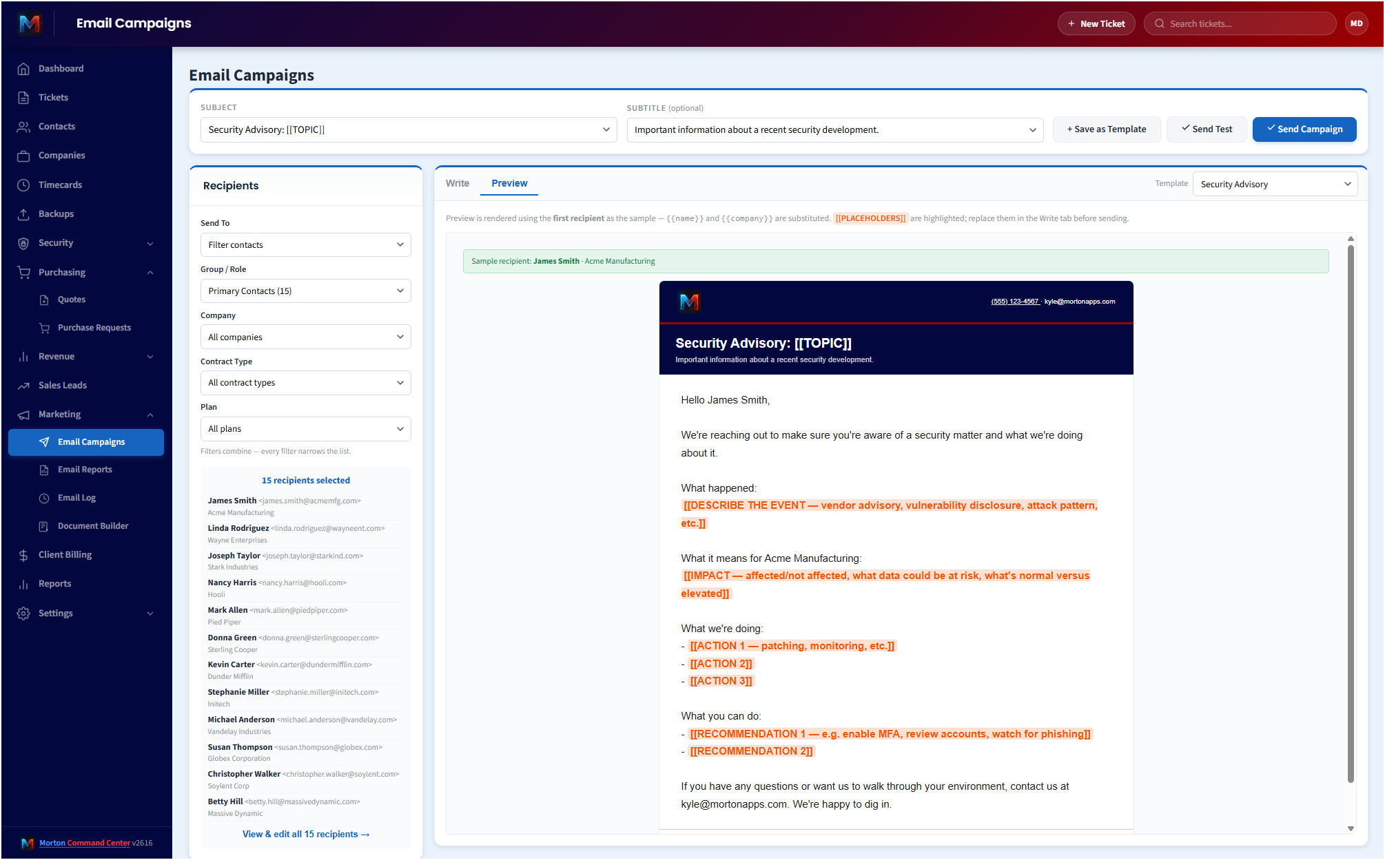Email marketing in Morton Command Center — composing a branded client campaign with recipients drawn from the contacts already synced from the MSP's ticketing system, sent through the MSP's own domain