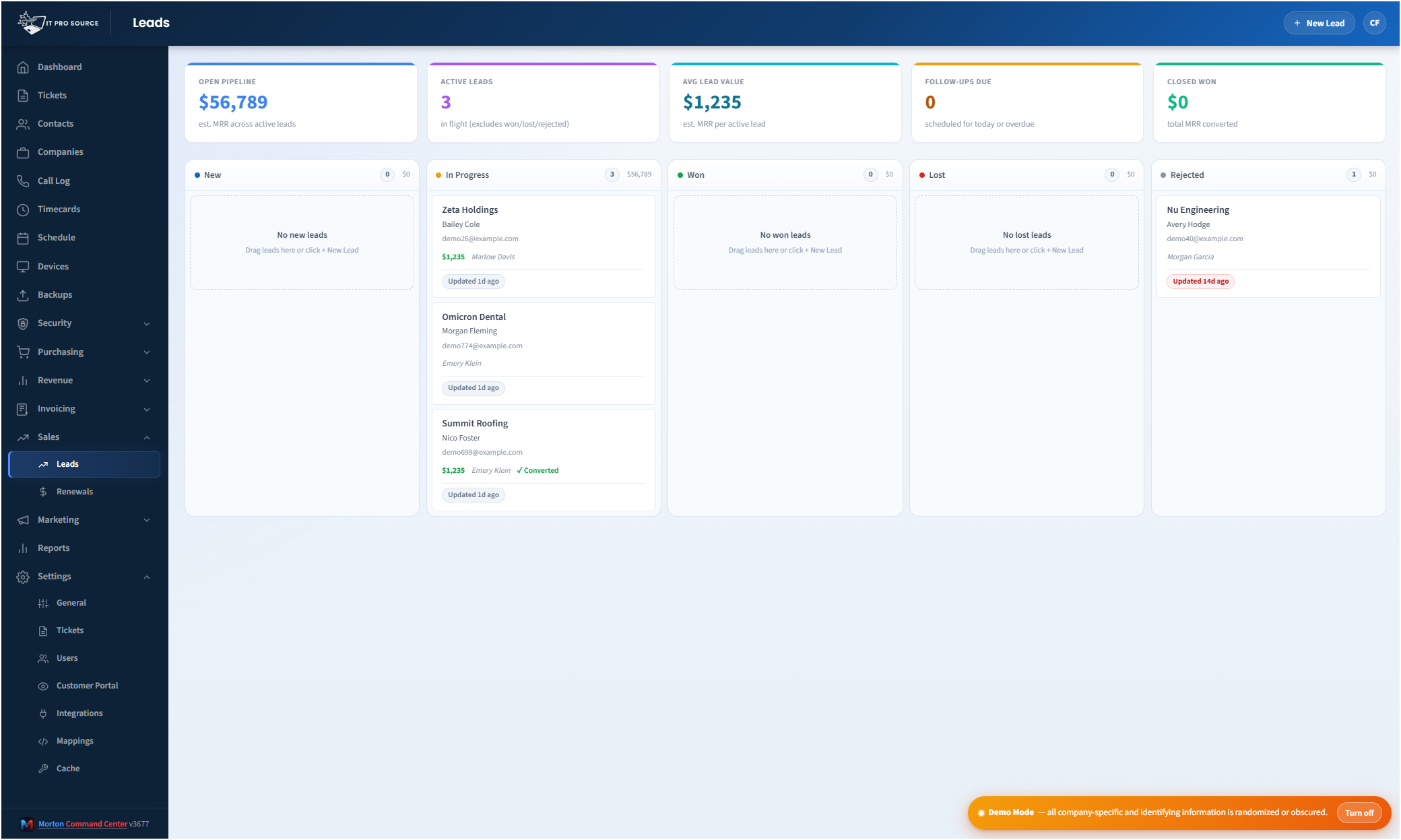 The Leads pipeline in Morton Command Center — summary cards showing open pipeline value, active lead count, and won value across the top, with a kanban board of New, In Progress, Won, Lost, and Rejected stage columns holding individual lead cards below
