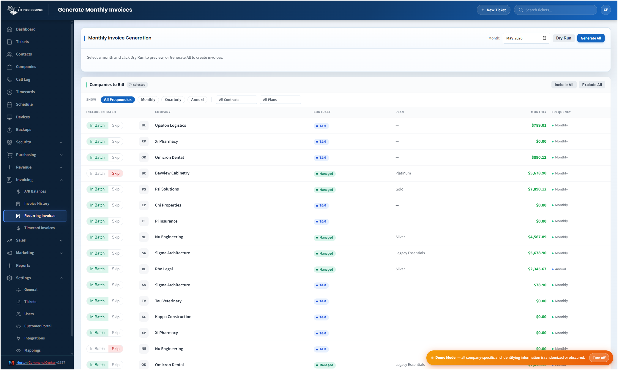 Recurring invoices in Morton Command Center — every client listed with their plan, contract type, monthly rate, and billing frequency, ready to generate invoices from current NinjaOne device counts and push to QuickBooks Desktop