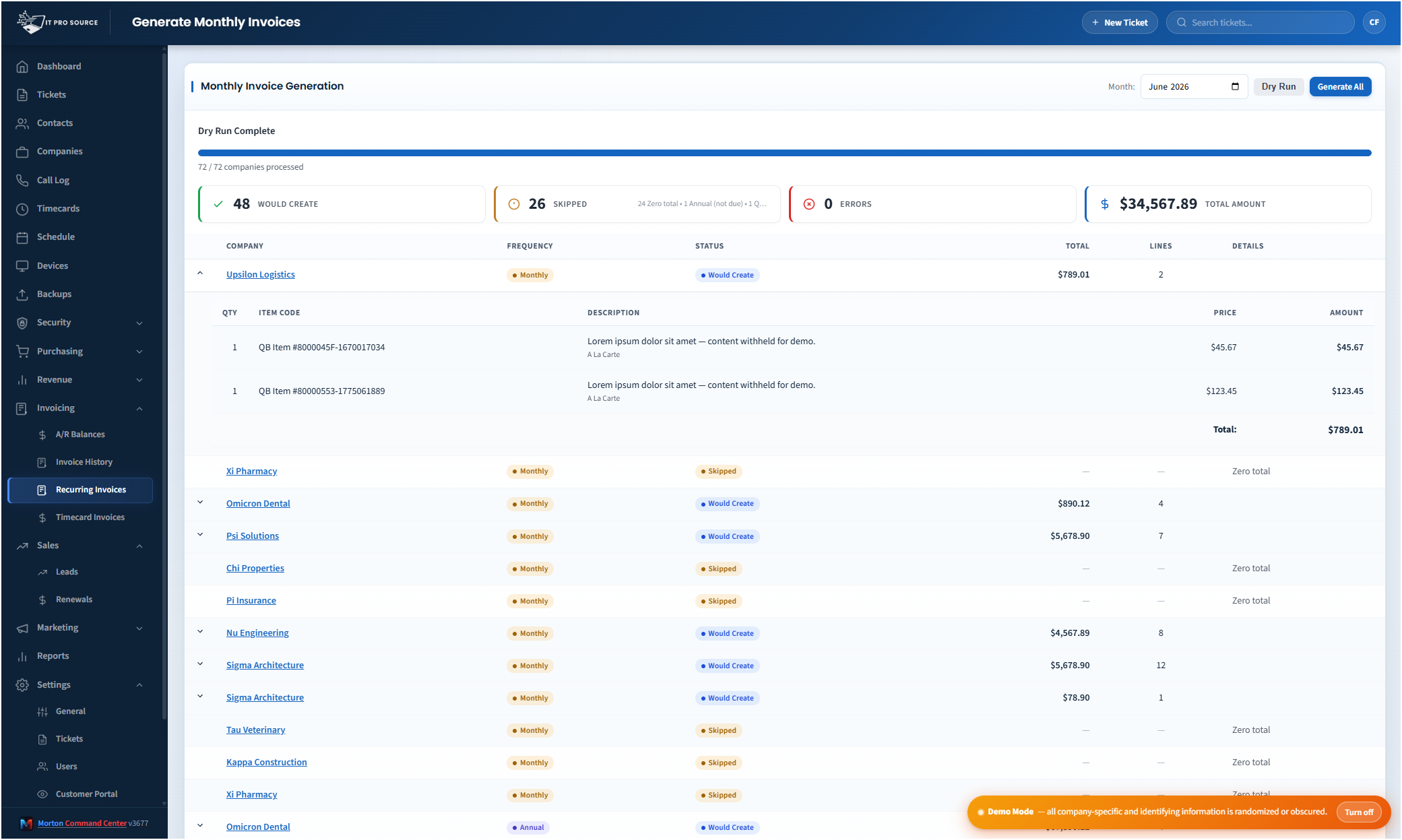 Invoice generation dry run in Morton Command Center — invoices ready to create with line items, quantities, and totals pre-populated for review before pushing to QuickBooks