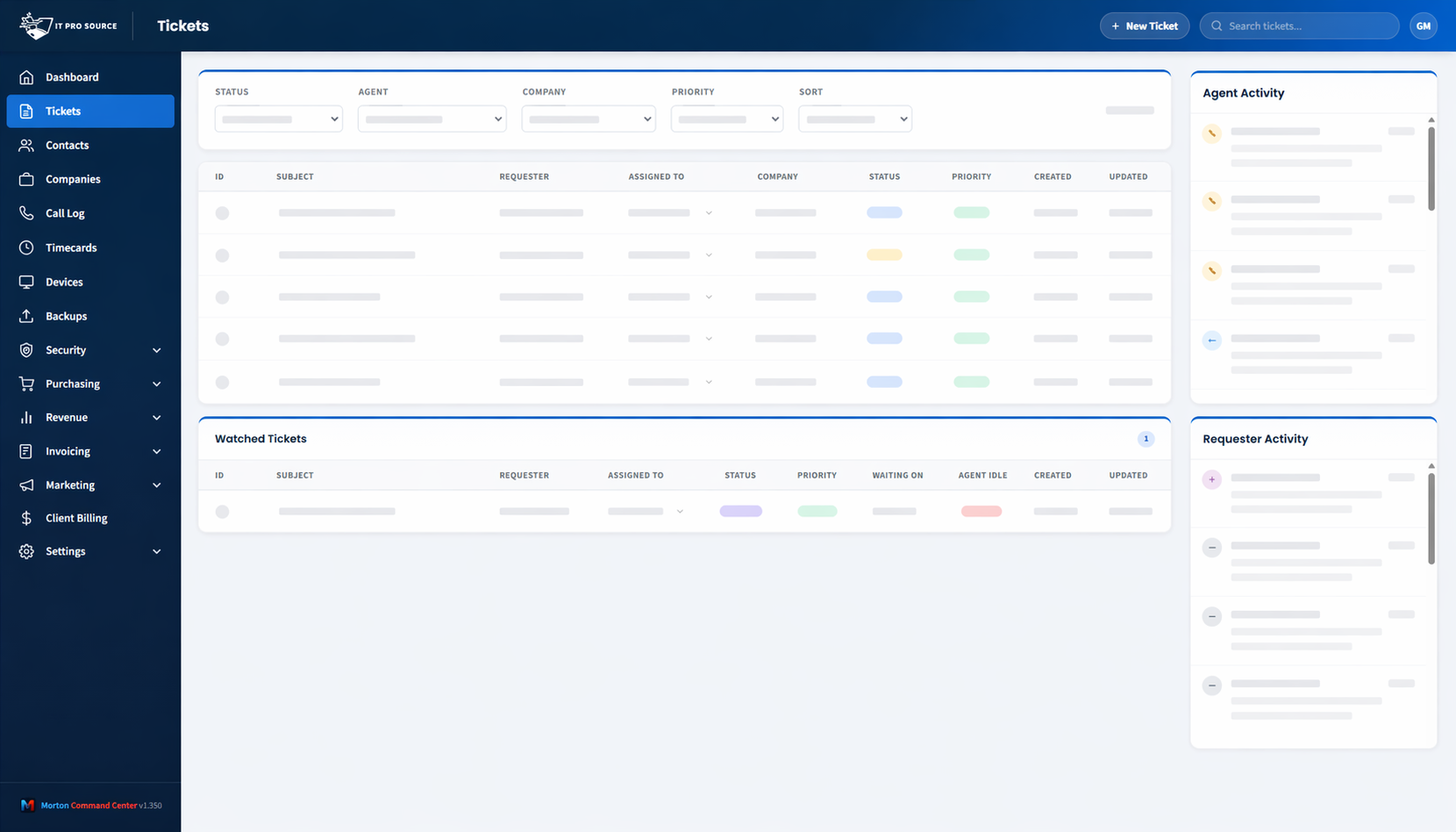 Unified ticket list with status, agent, company, and priority filters plus watched ticket tracking and live activity feeds